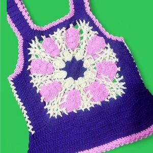 Beautiful vintage purple Crochet Tank Top with Pink and Cream Floral Design